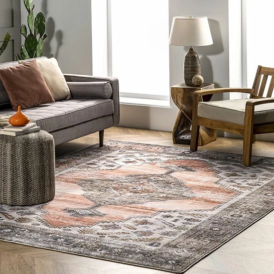 NuLOOM Gracie Machine Washable Distressed Medallion Rug Peach 4 NuLOOM Gracie Machine Washable Distressed Medallion Rug Peach - Image 2