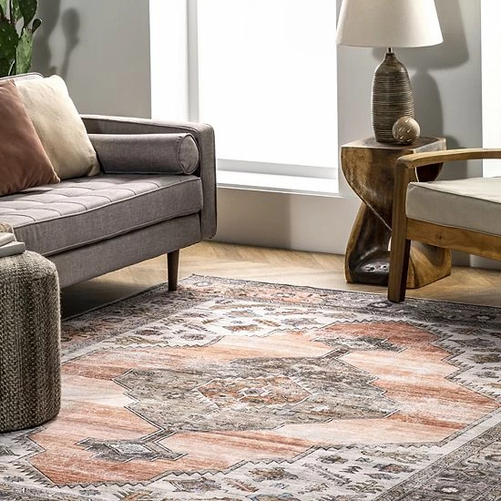NuLOOM Gracie Machine Washable Distressed Medallion Rug Peach 11 NuLOOM Gracie Machine Washable Distressed Medallion Rug Peach - Image 9